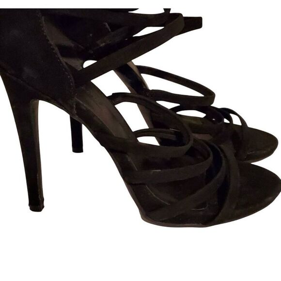 ANNE MICHELLE NEWBEE women's black suede strappy caged open toe high heels 7 - Picture 3 of 6